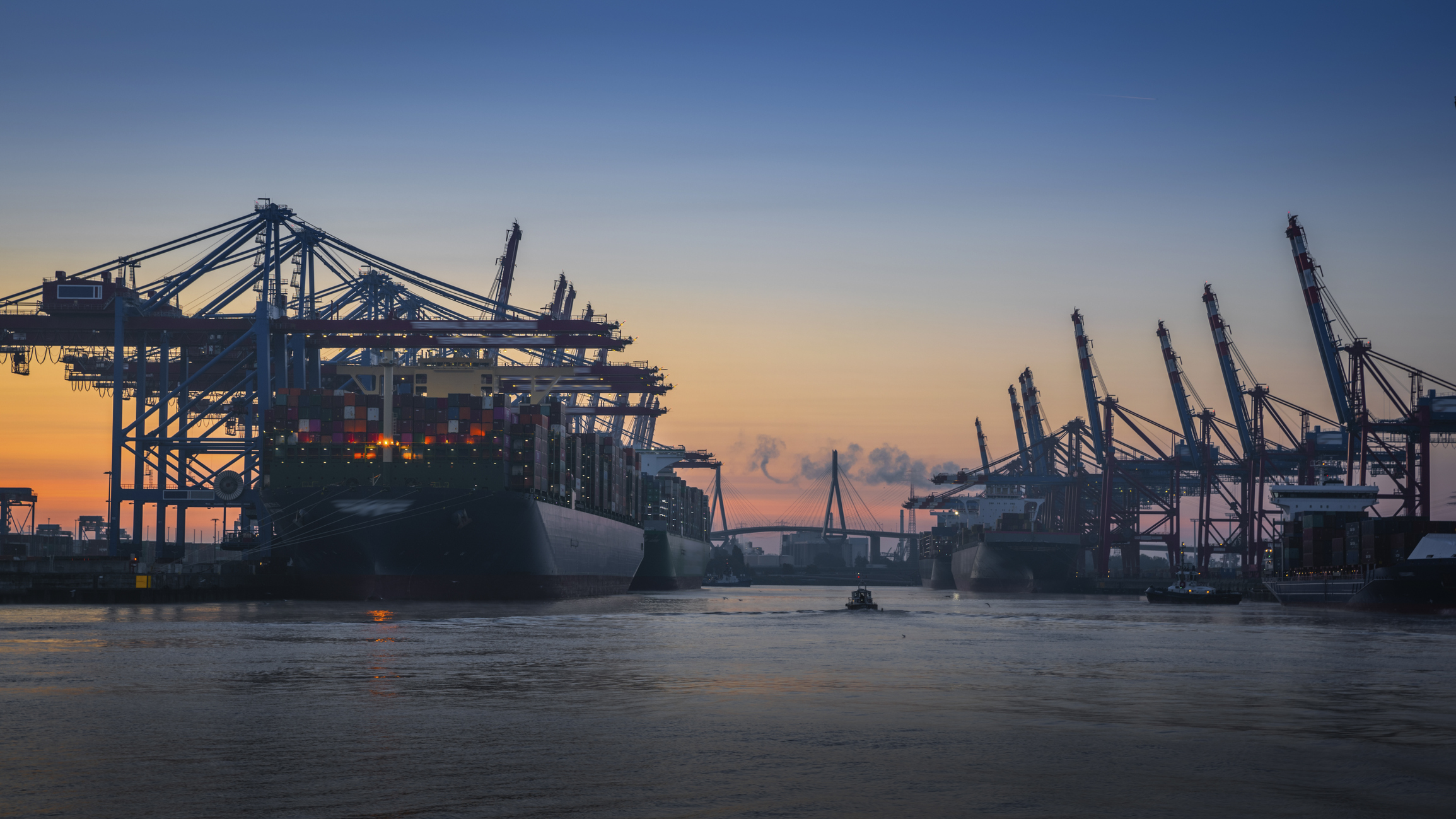 Container port in Hamburg with cargo ships at dusk